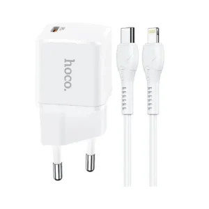 Hoco N10 - Starter single Port PD Fast Charger, Set With Type-C To Lightning Cable (3.0A - 20W - 1M) Compatbile with iPhone 13 / iPhone 12 - White