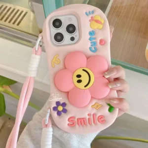 جراب سيليكون ناعم بتصميم زهور لطيف ثلاثي الأبعاد مع سوار يد 🌸📱
